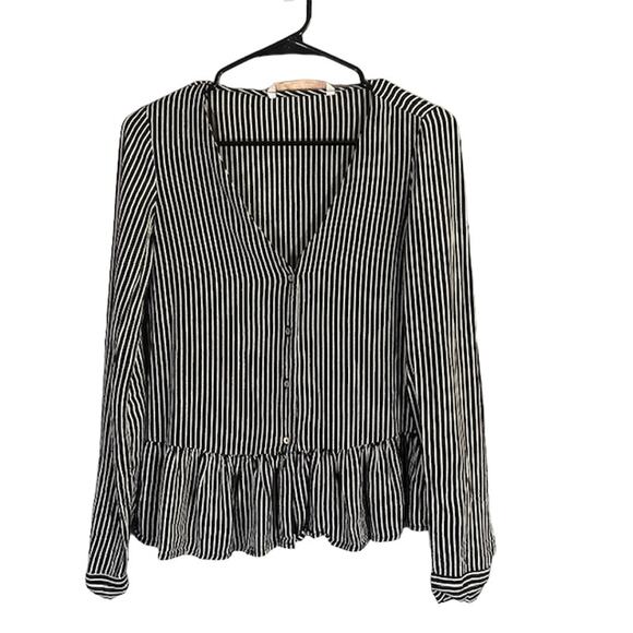 Zara Black Striped Peplum V-Neck Button Front Collared Blouse Women Sz XS - Picture 1 of 8